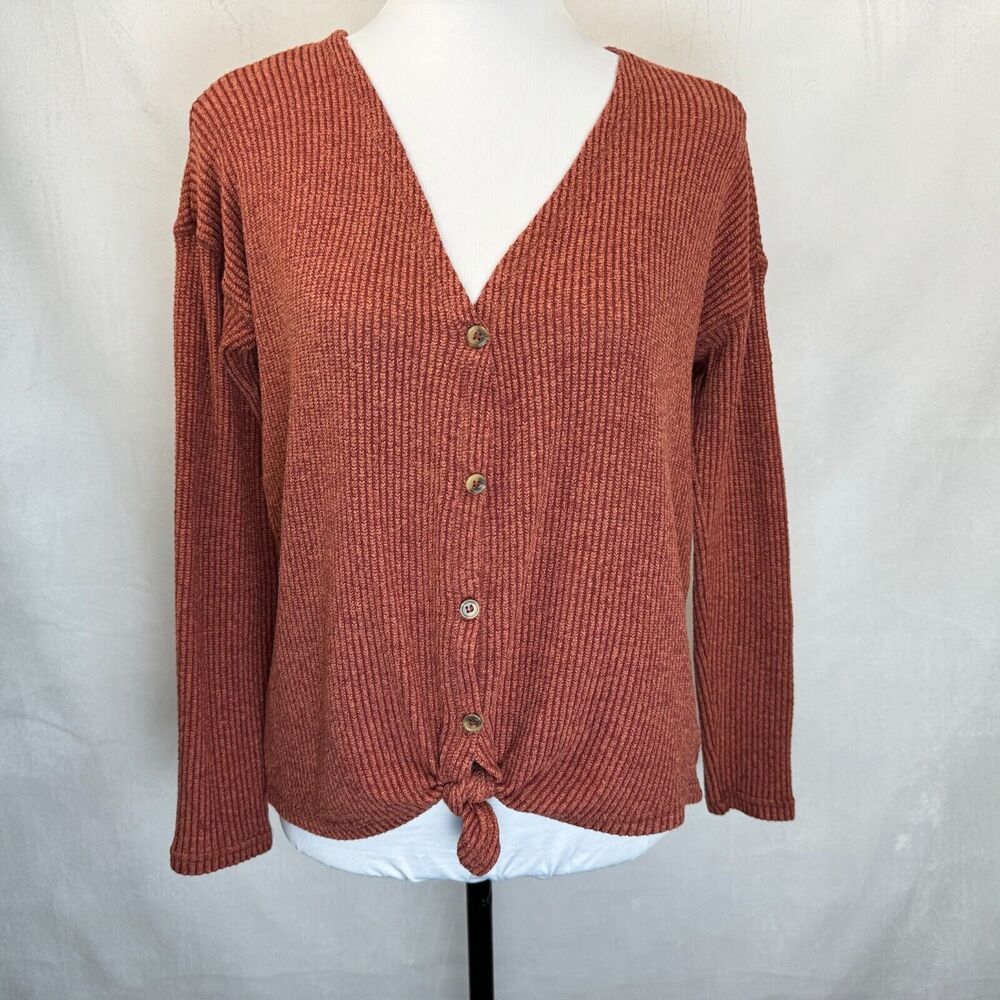 American Eagle Crop Top Sz XS Burnt Umber Ribbed Knit Button up VNeck Tie Front